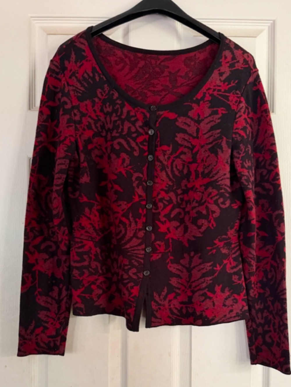 Balcombe Knit Jacket/Cardigan, Cranberry Red and Black Floral Pattern, size S